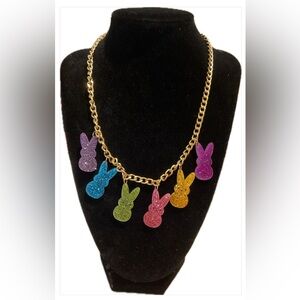 Gold Chain Necklace with Multicolor Glitter Bunny (PEEP) Charms